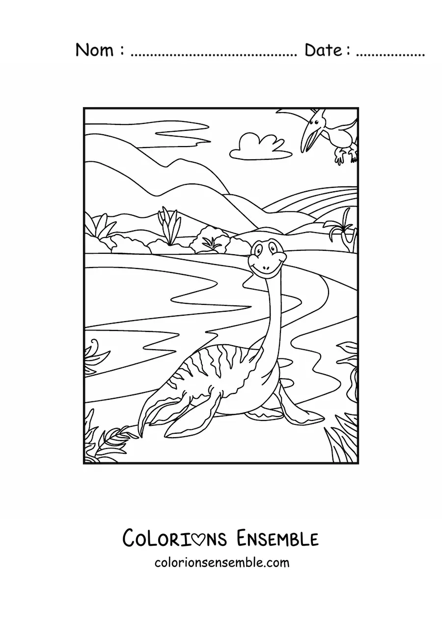 Image à colorier d'un dinosaure aquatique au long cou en dessin animé dans son habitat