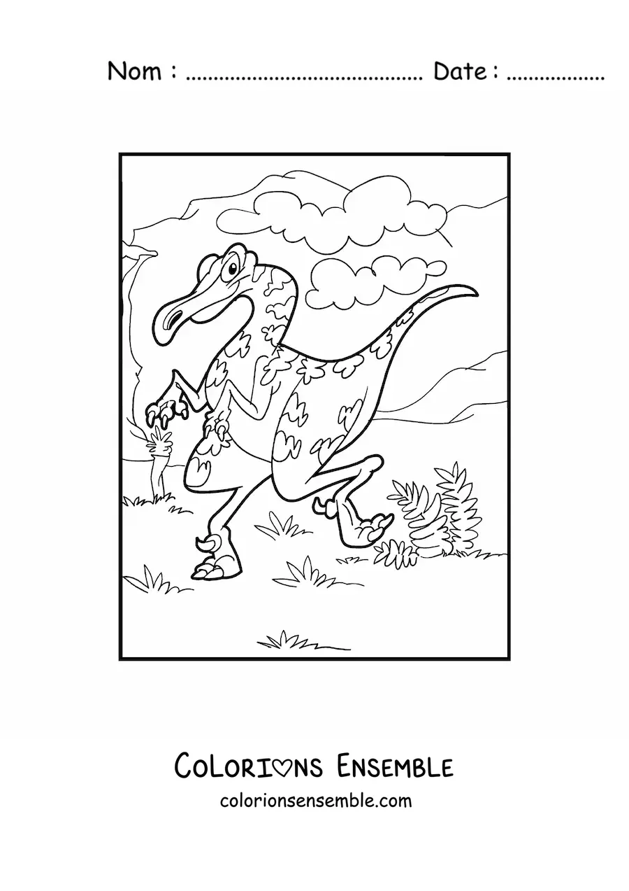 Image à colorier d'un dinosaure terrestre bipède dans son habitat