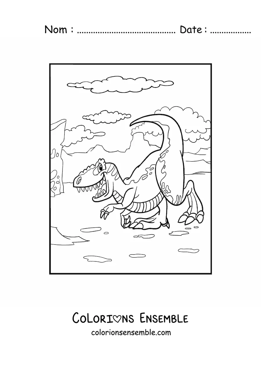Image à colorier d'un drôle de dinosaure terrestre en dessin animé dans son habitat