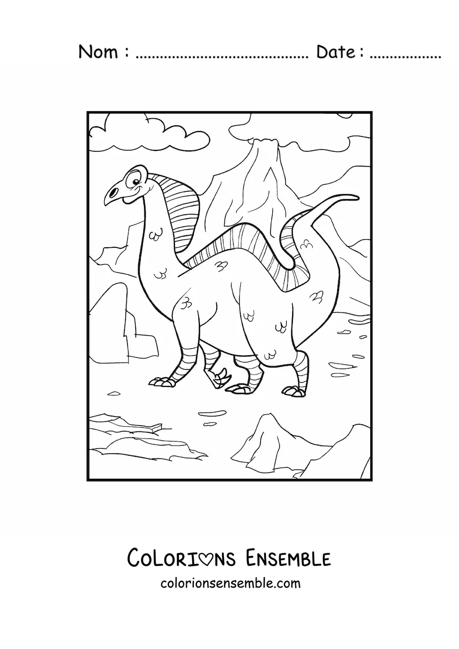 Image à colorier d'un grand dinosaure terrestre devant un volcan