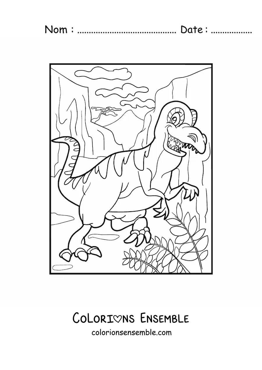 Image à colorier d'un dinosaure terrestre en dessin animé dans un canyon