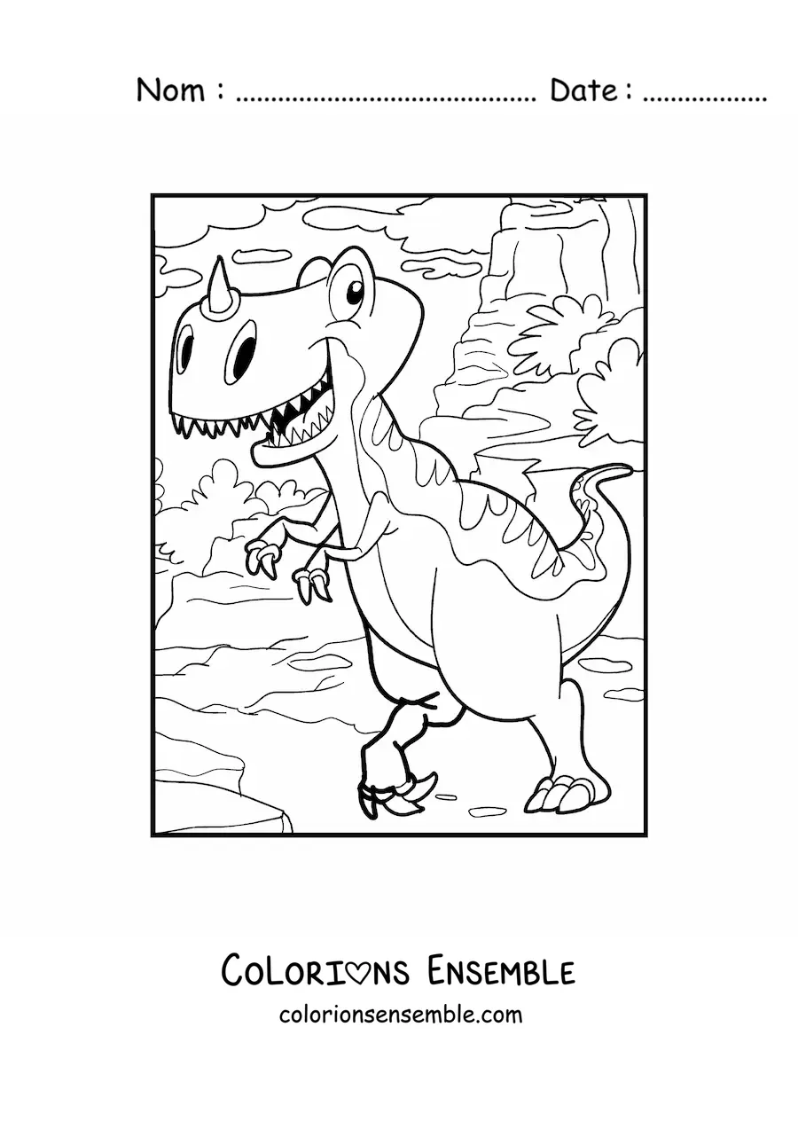 Image à colorier d'un dinosaure terrestre bipède avec une corne