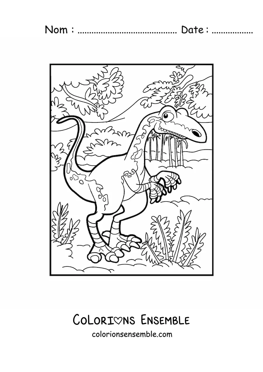 Image à colorier d'un dinosaure terrestre bipède dans la jungle