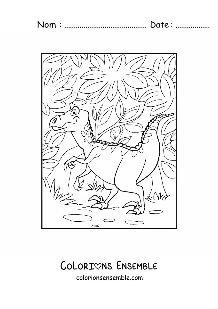 Image à colorier d'un dinosaure terrestre marchant dans la jungle