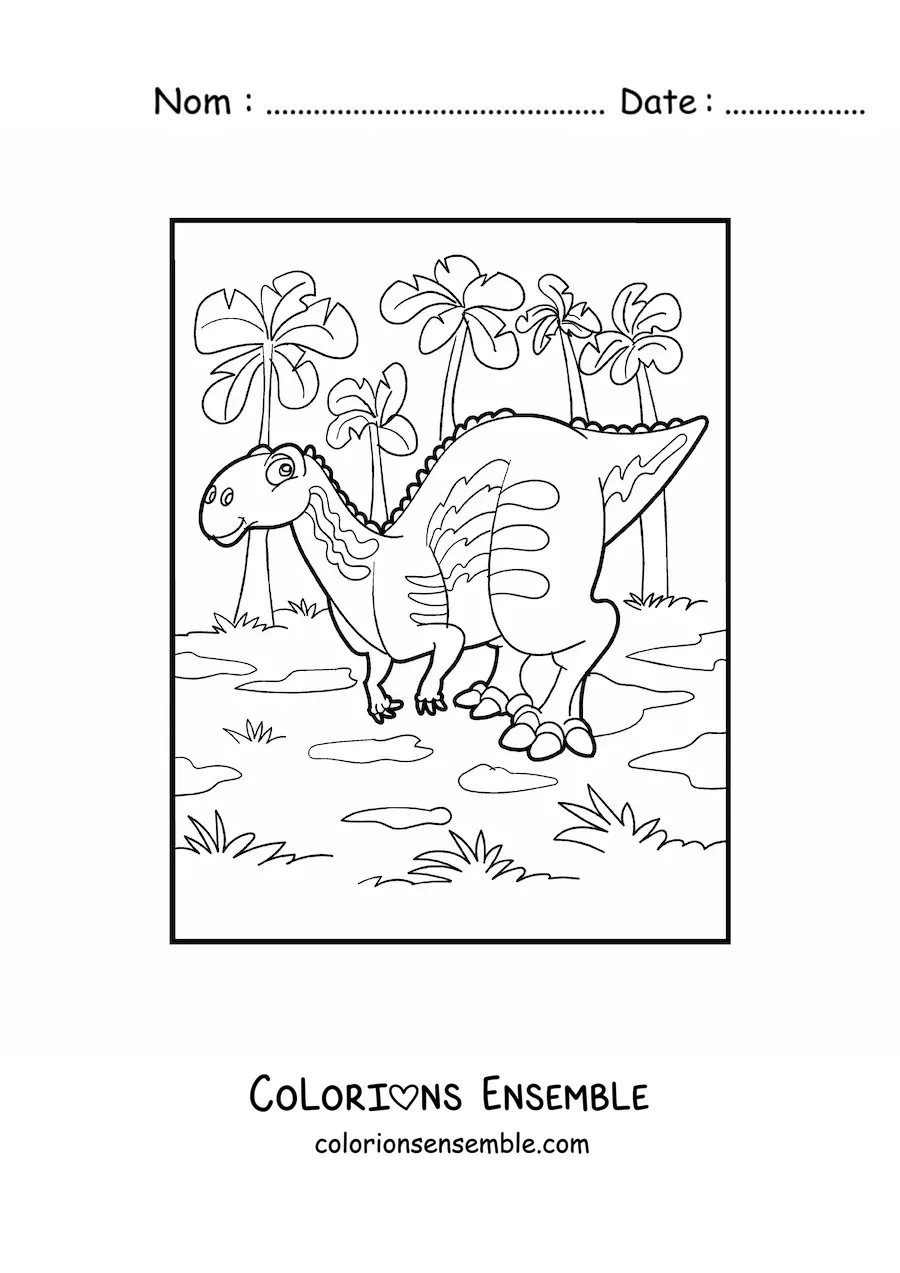 Image à colorier d'un dinosaure terrestre avec des palmiers