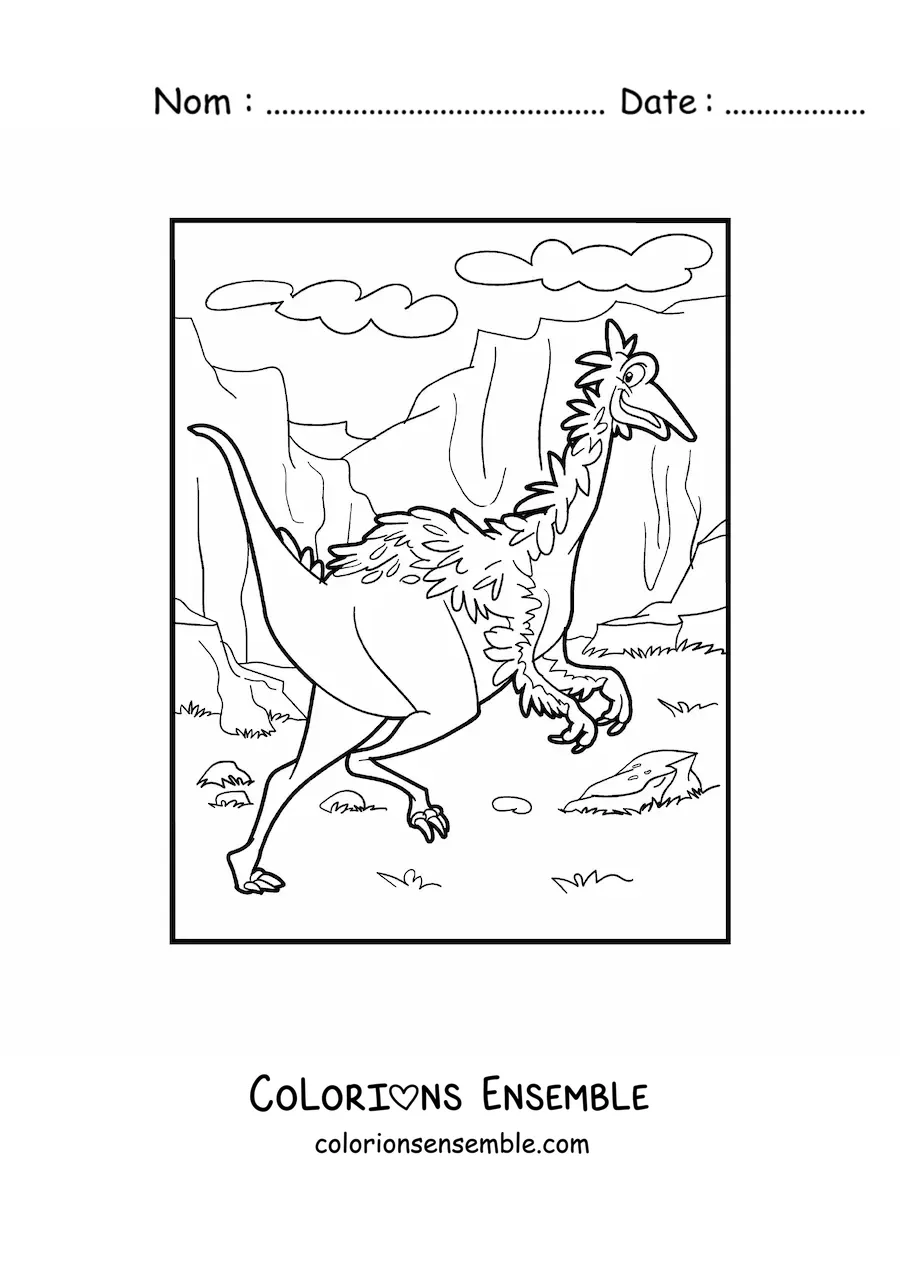Image à colorier d'un dinosaure terrestre à plumes dans un canyon