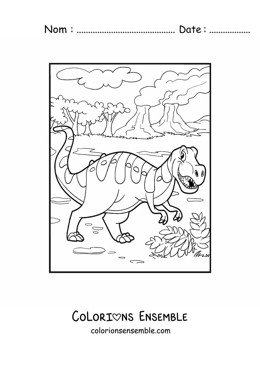 Image à colorier d'un dinosaure terrestre dans un paysage jurassique