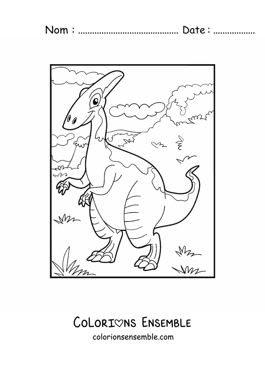 Image à colorier d'un dinosaure terrestre en dessin animé dans un paysage naturel