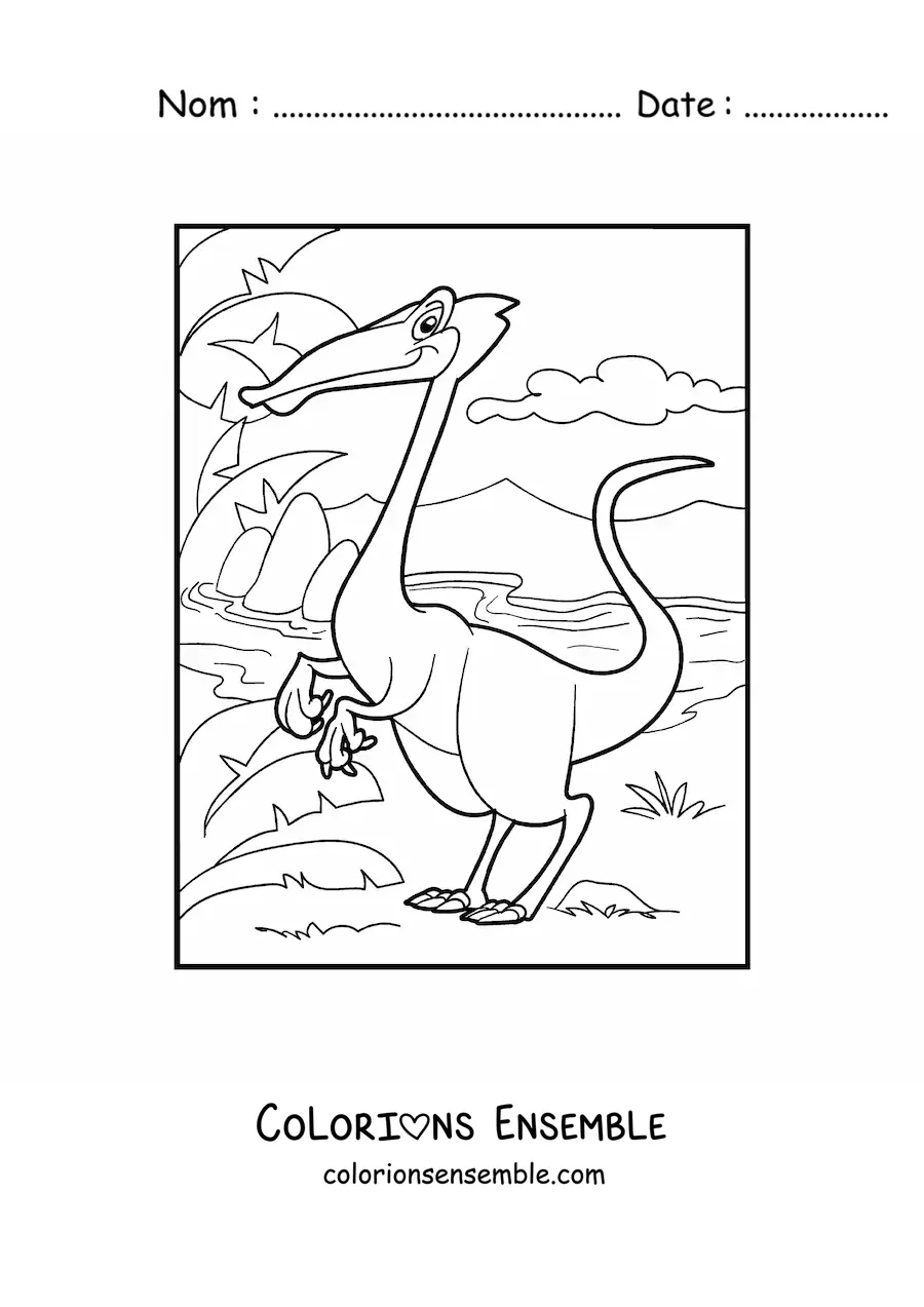 Image à colorier d'un dinosaure terrestre bipède au bord d'une rivière