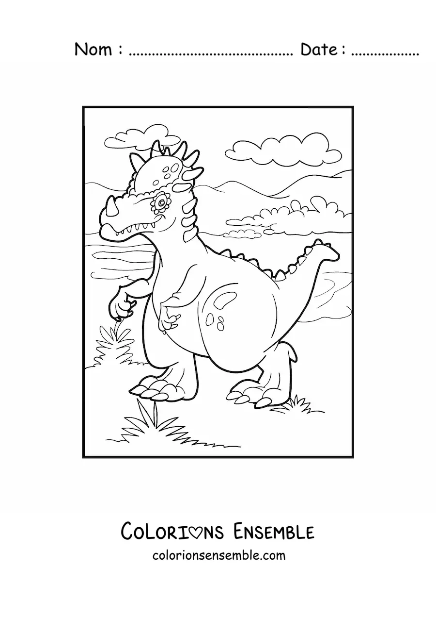 Image à colorier d'un petit dinosaure terrestre marchant dans son habitat