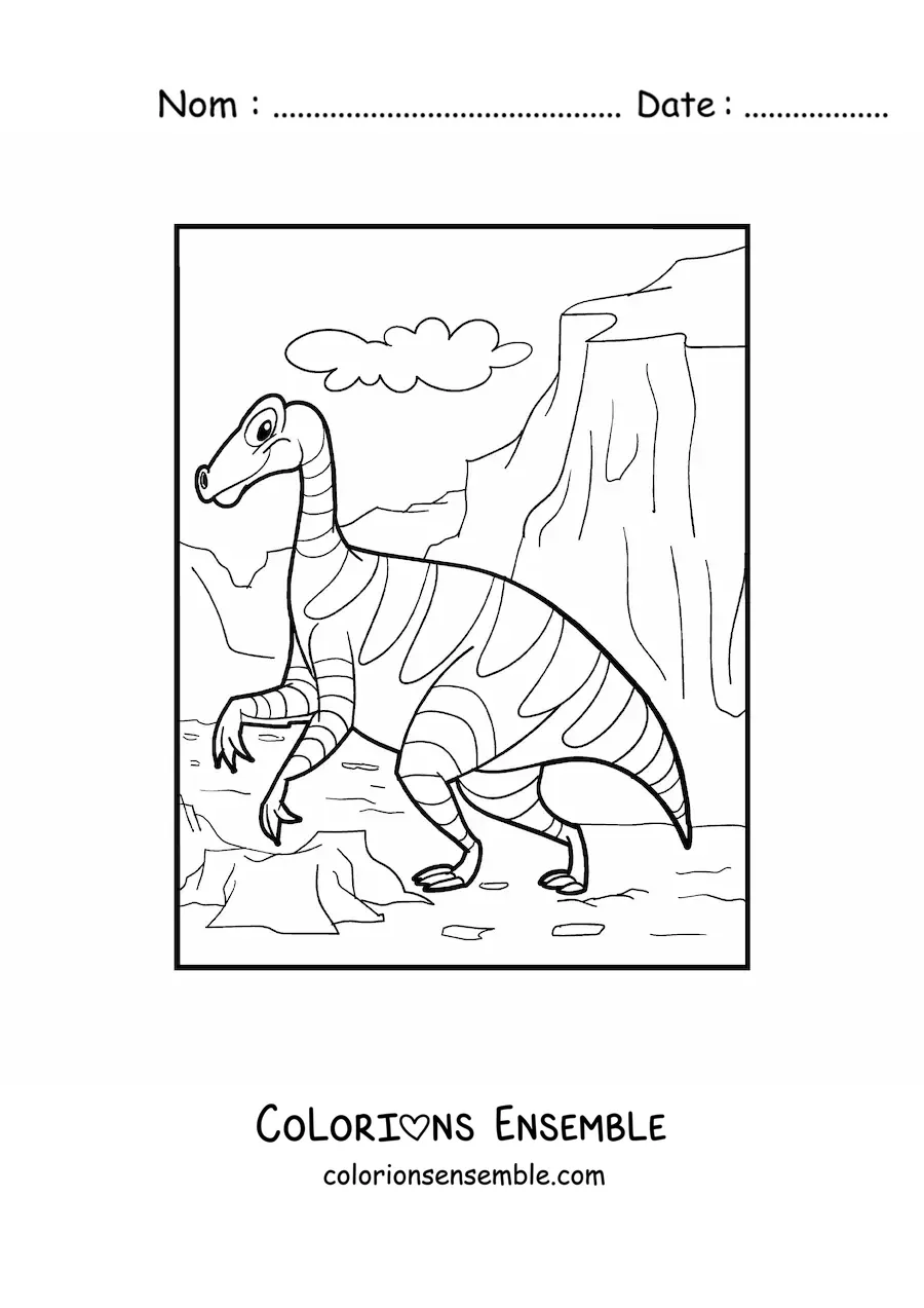 Image à colorier d'un grand dinosaure terrestre marchant dans son habitat