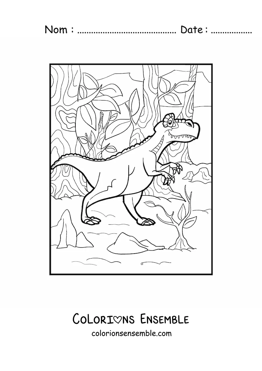 Image à colorier d'un dinosaure terrestre carnivore dans la jungle