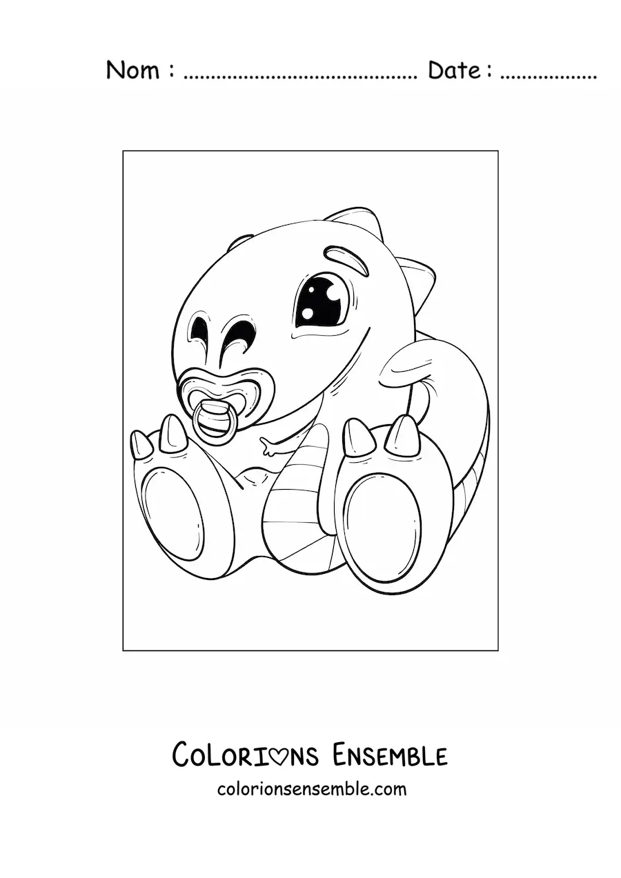 Image à colorier d'un bébé dinosaure kawaii avec une tétine
