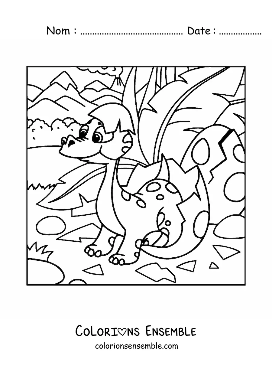 Image à colorier d'un bébé dinosaure en dessin animé sortant de son œuf dans la jungle