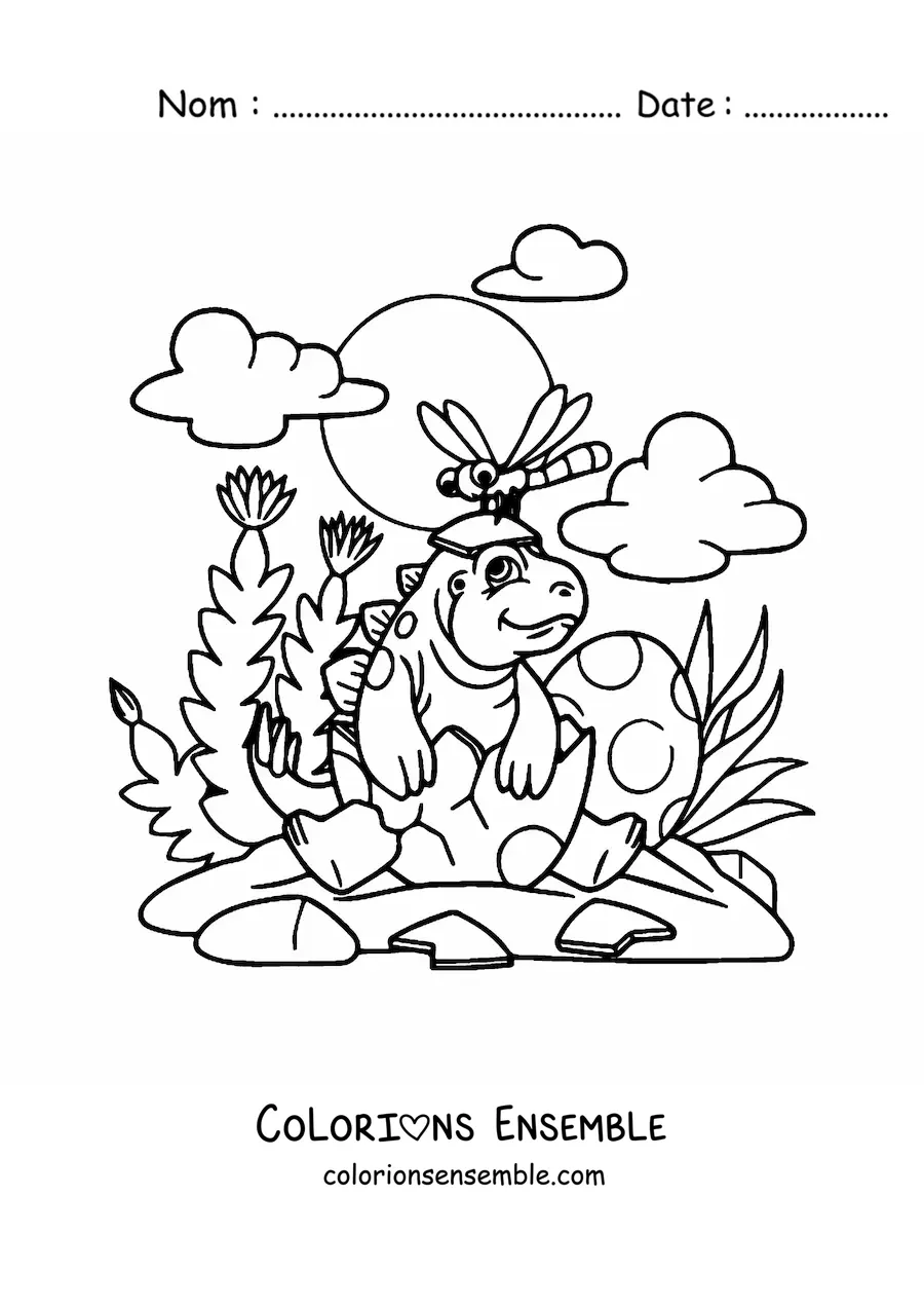 Image à colorier d'un bébé dinosaure en dessin animé sortant de son œuf