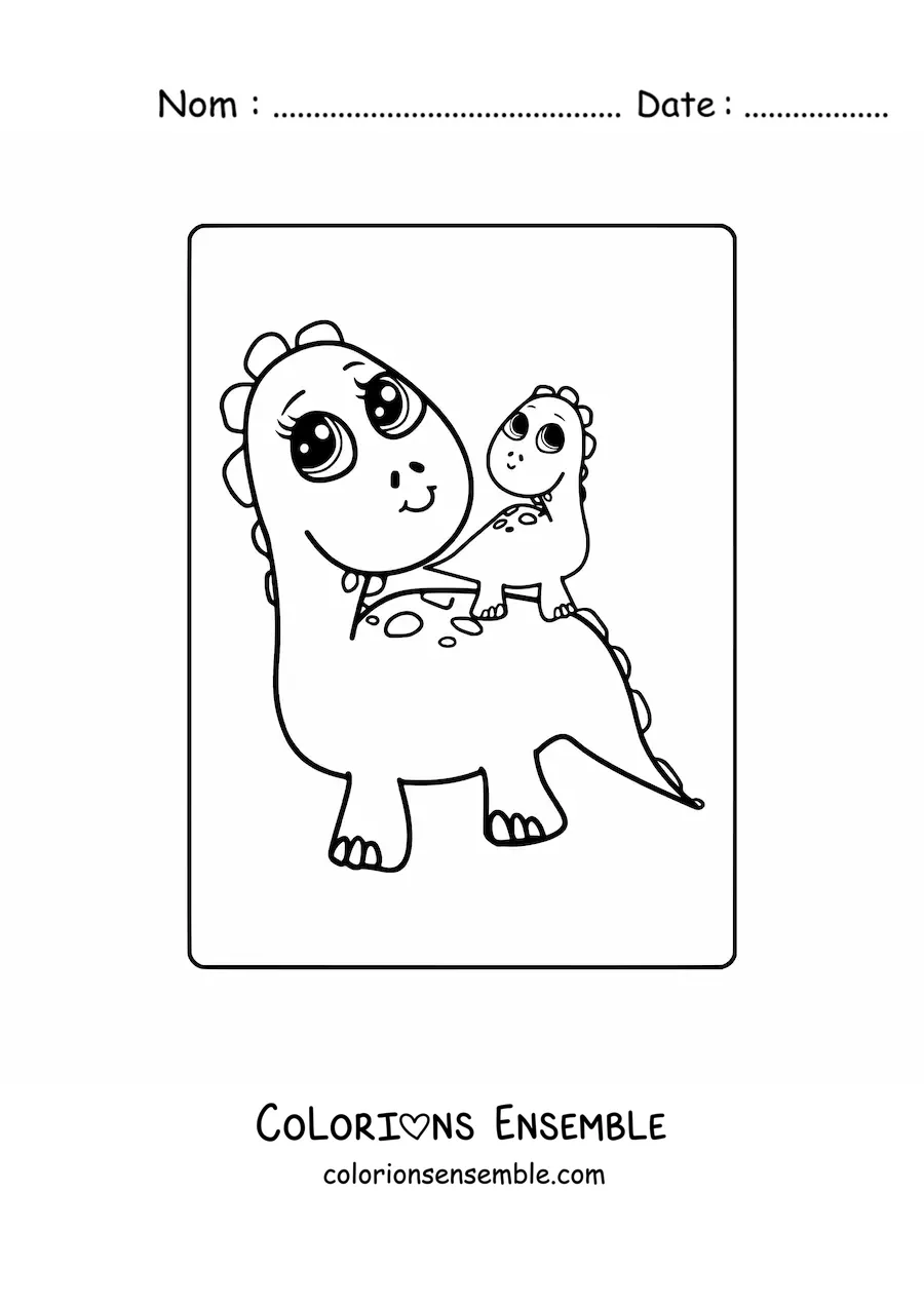 Image à colorier d'un bébé dinosaure kawaii avec sa maman