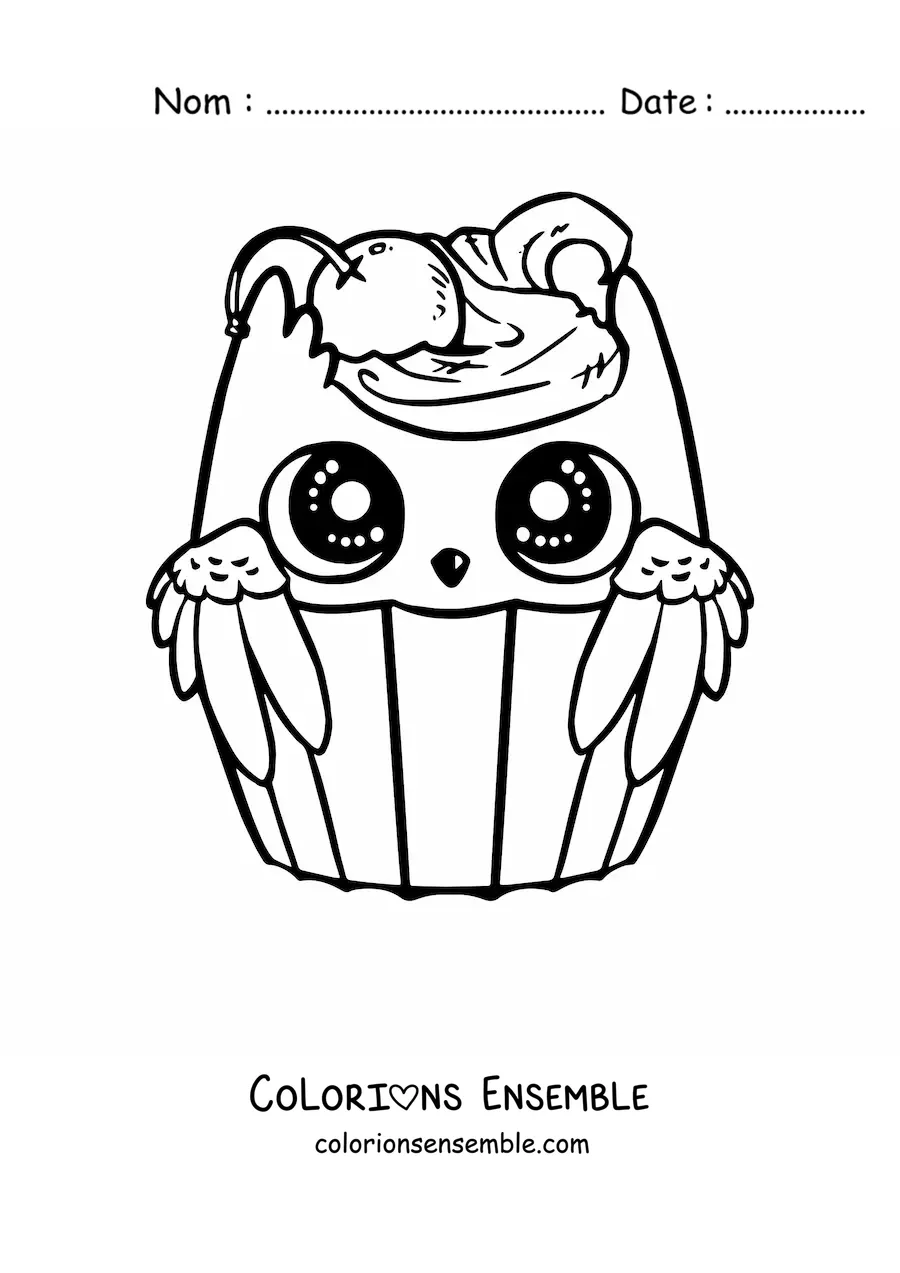 Image à colorier d'un cupcake hibou kawaii avec une cerise