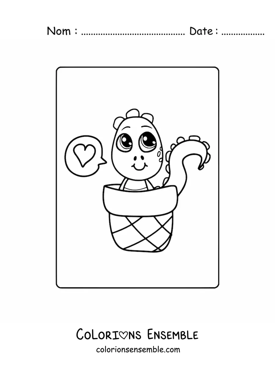 Image à colorier d'un bébé dinosaure kawaii dans un panier