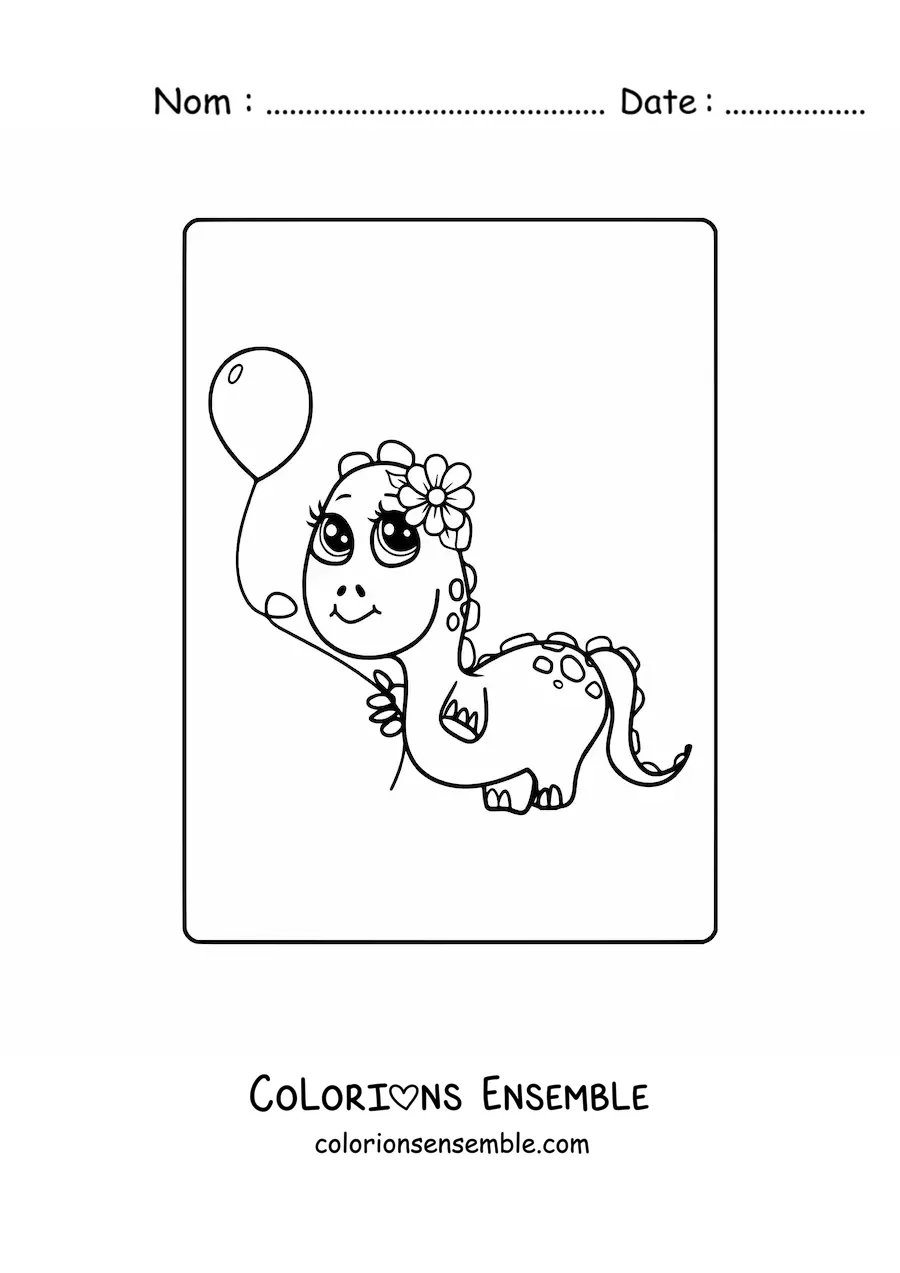 Image à colorier d'un bébé dinosaure kawaii avec un ballon