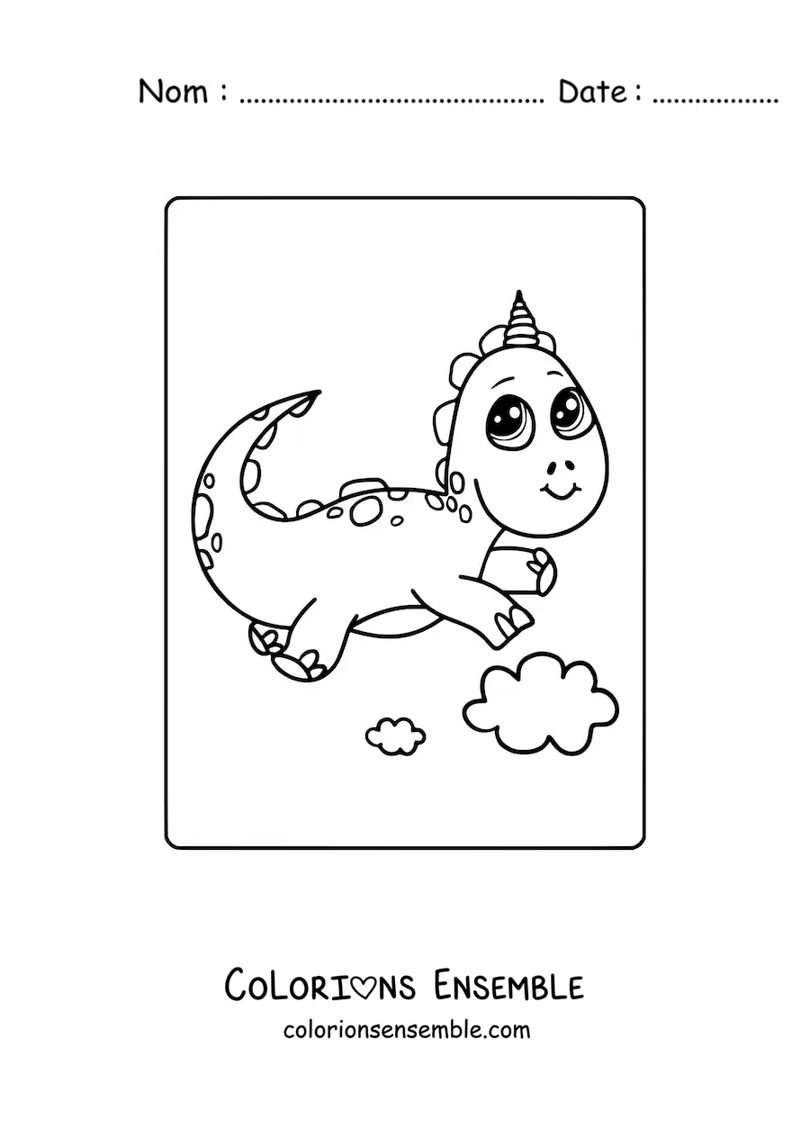 Image à colorier d'un bébé dinosaure kawaii avec une corne de licorne