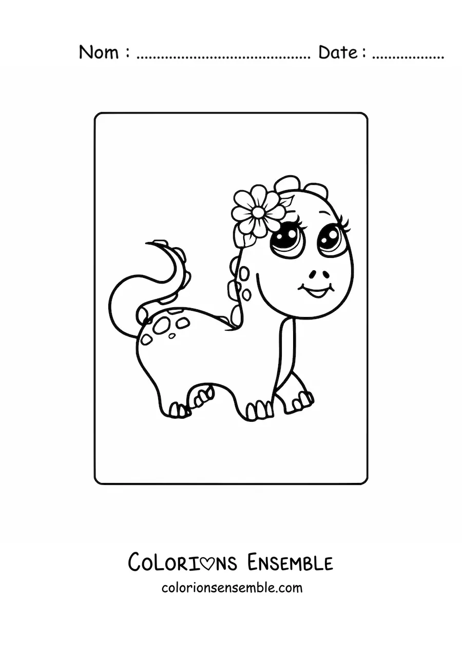 Image à colorier d'un bébé dinosaure kawaii avec une fleur