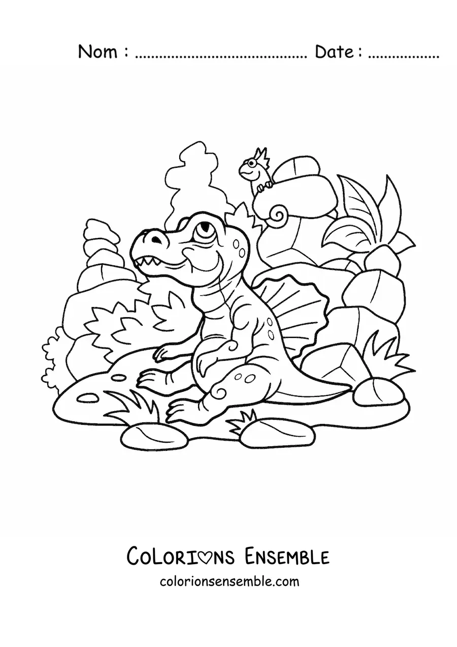 Image à colorier d'un bébé dinosaure carnivore dans son habitat