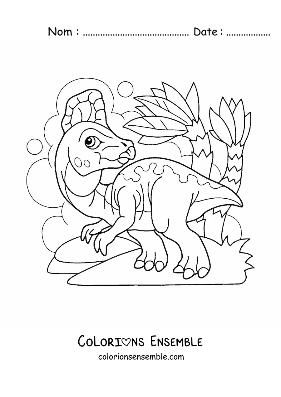 Image à colorier d'un bébé dinosaure marchant dans son habitat