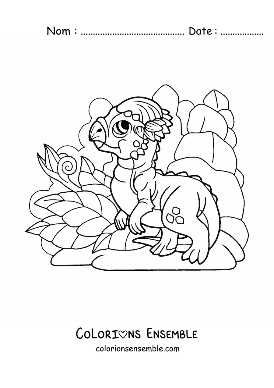 Image à colorier d'un bébé dinosaure herbivore dans son habitat