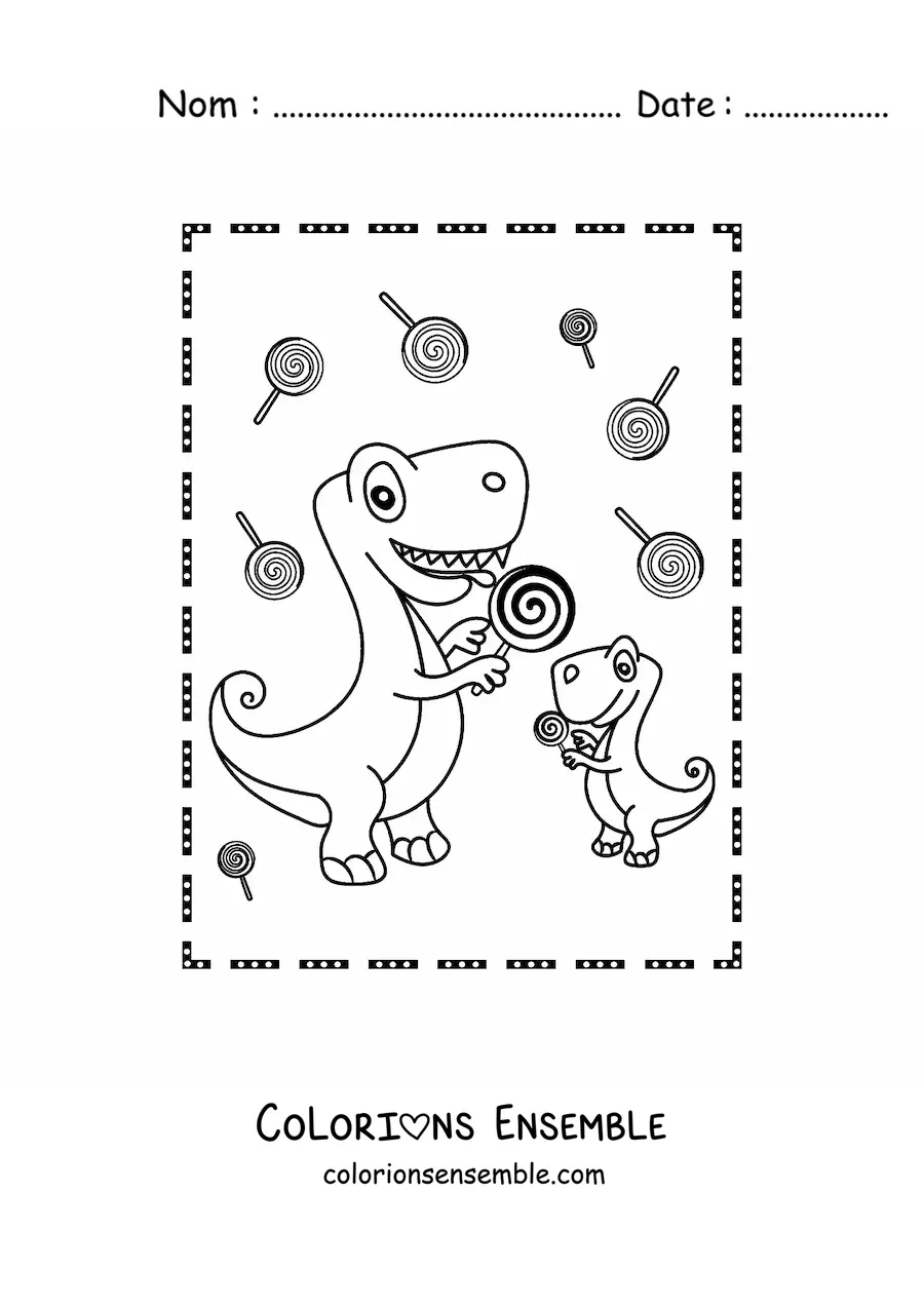 Image à colorier d'un bébé dinosaure en dessin animé mangeant des bonbons avec sa maman