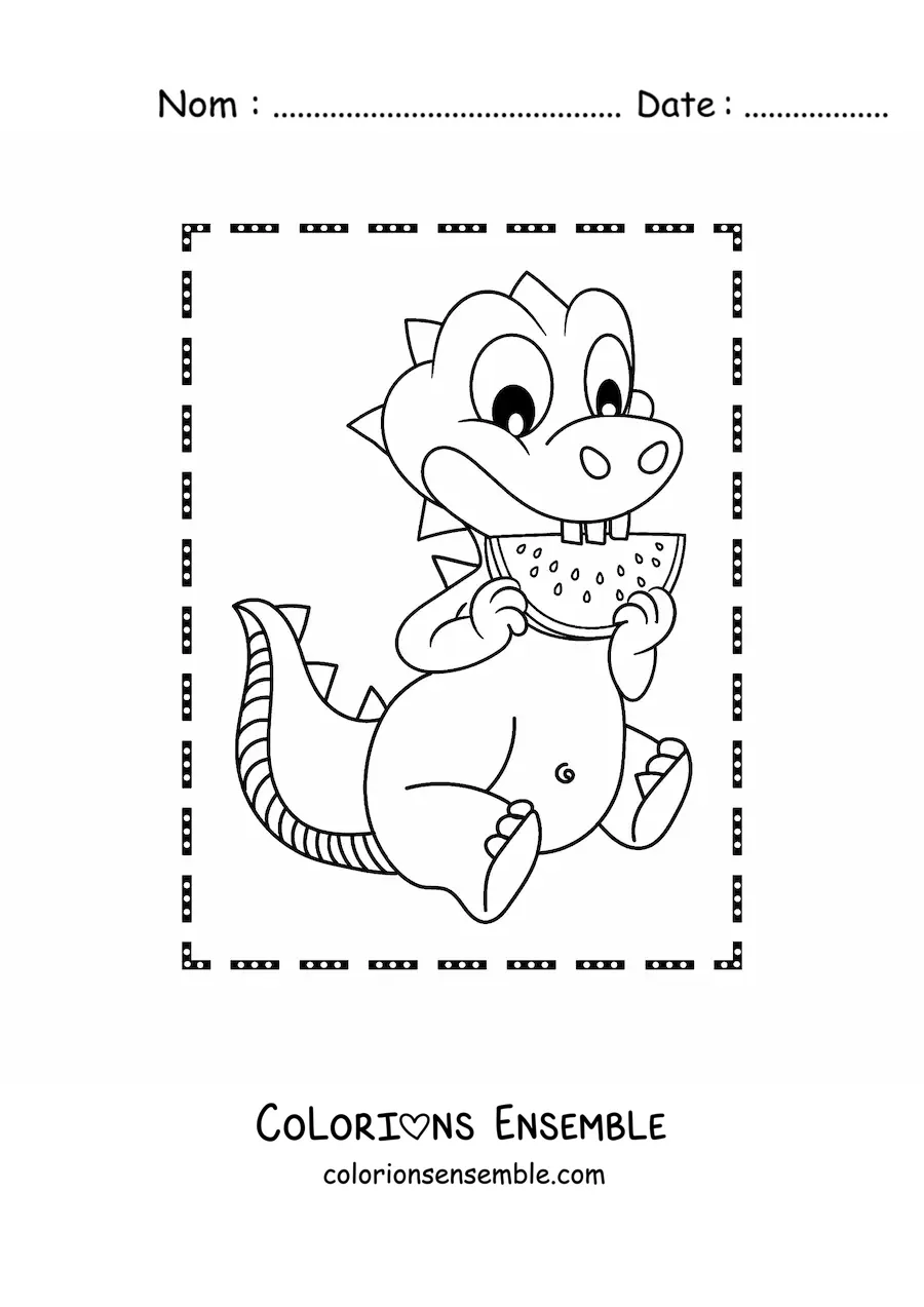 Image à colorier d'un bébé dinosaure en dessin animé mangeant de la pastèque