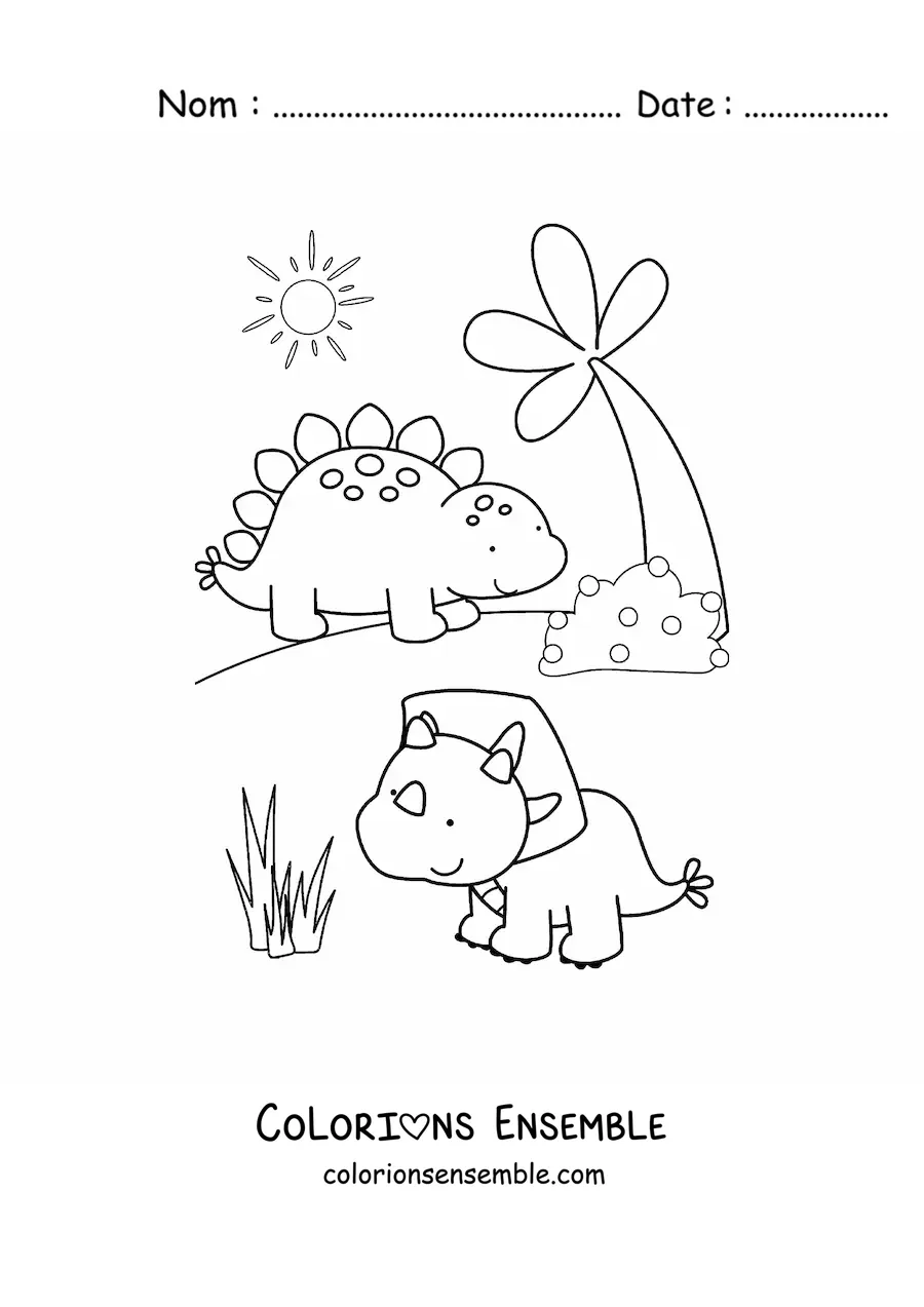 Image à colorier de jolis bébés dinosaures dans leur habitat