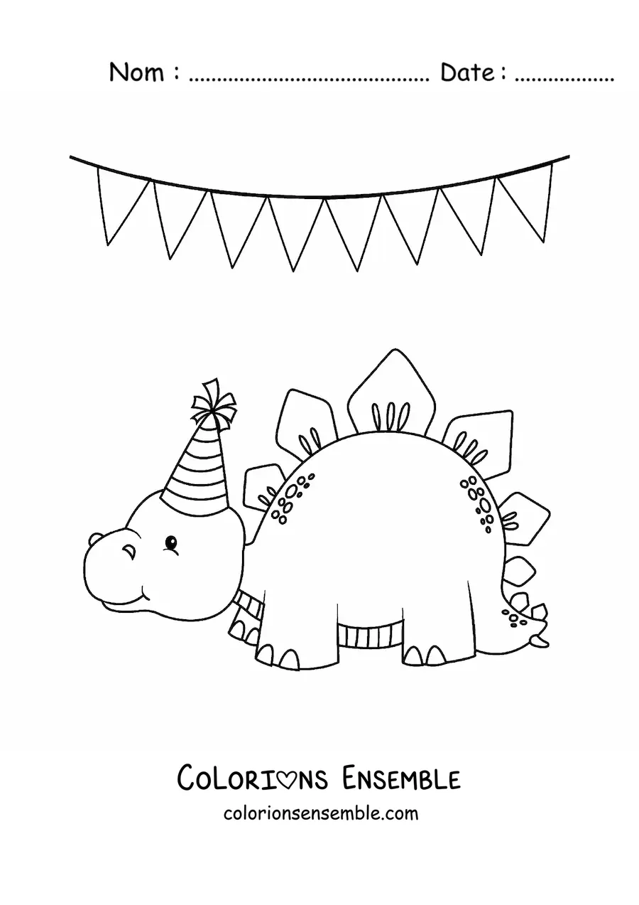 Image à colorier de jolis bébés dinosaures stégosaures à une fête d'anniversaire