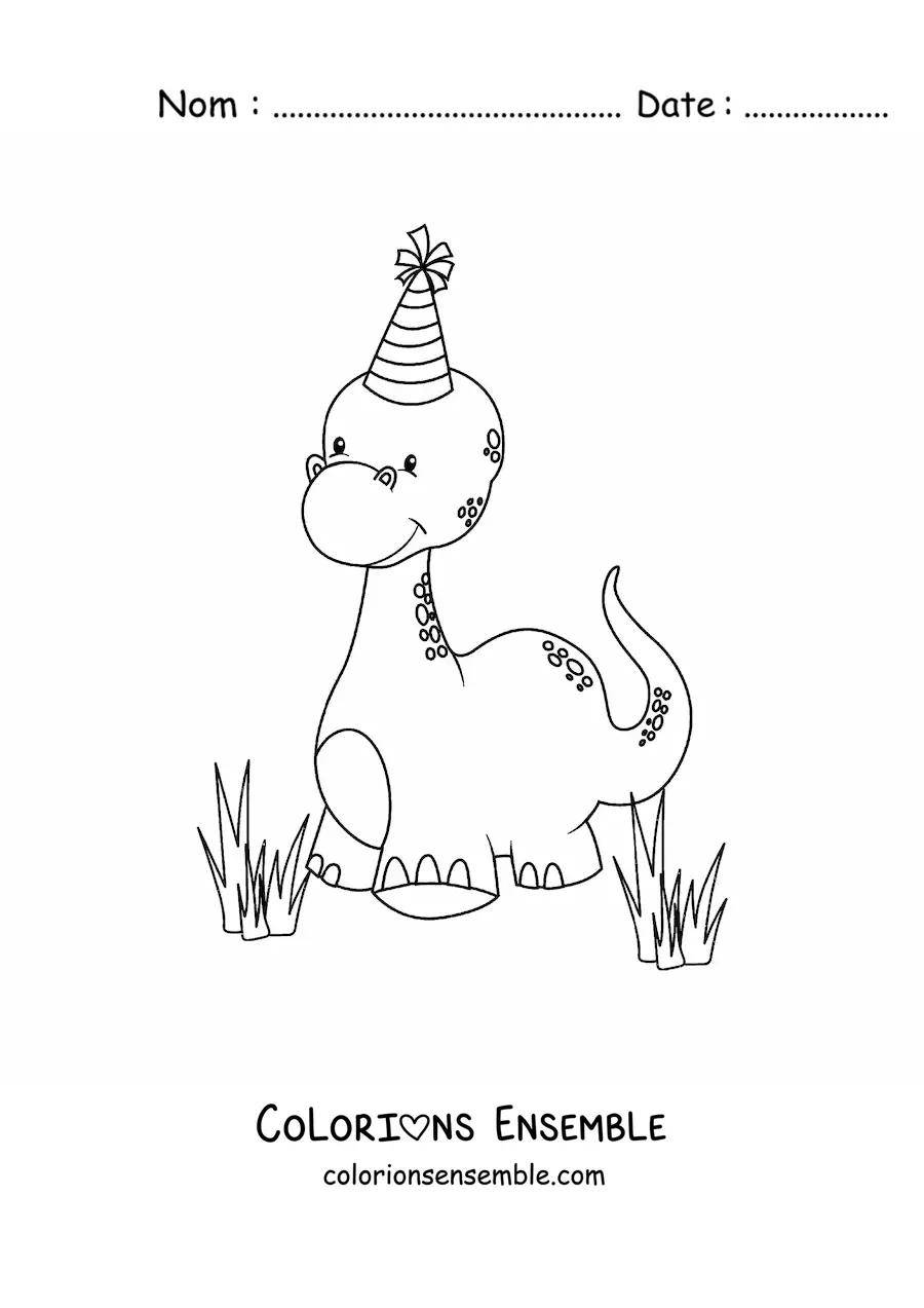 Image à colorier de jolis bébés dinosaures au long cou avec un chapeau d'anniversaire