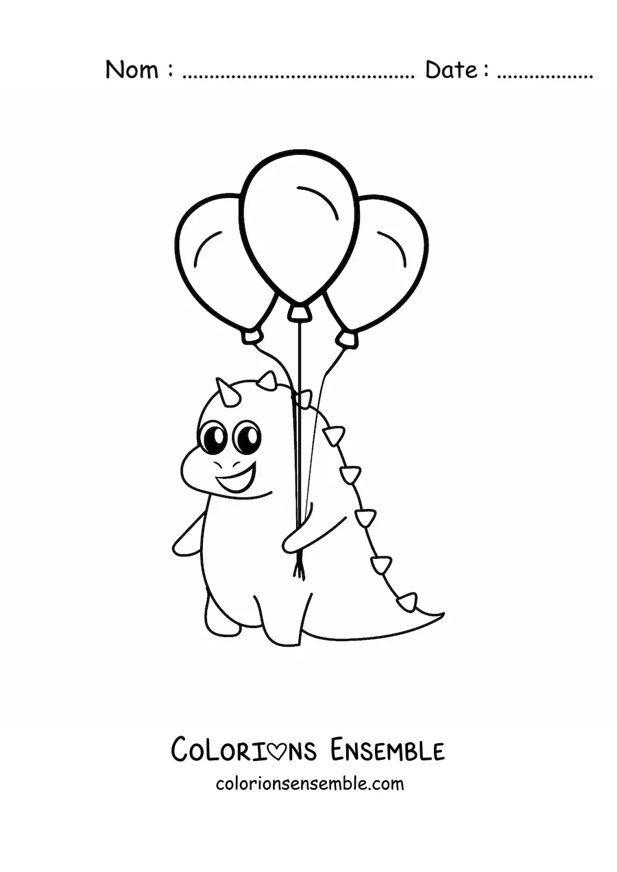 Image à colorier d'un bébé dinosaure kawaii avec des ballons