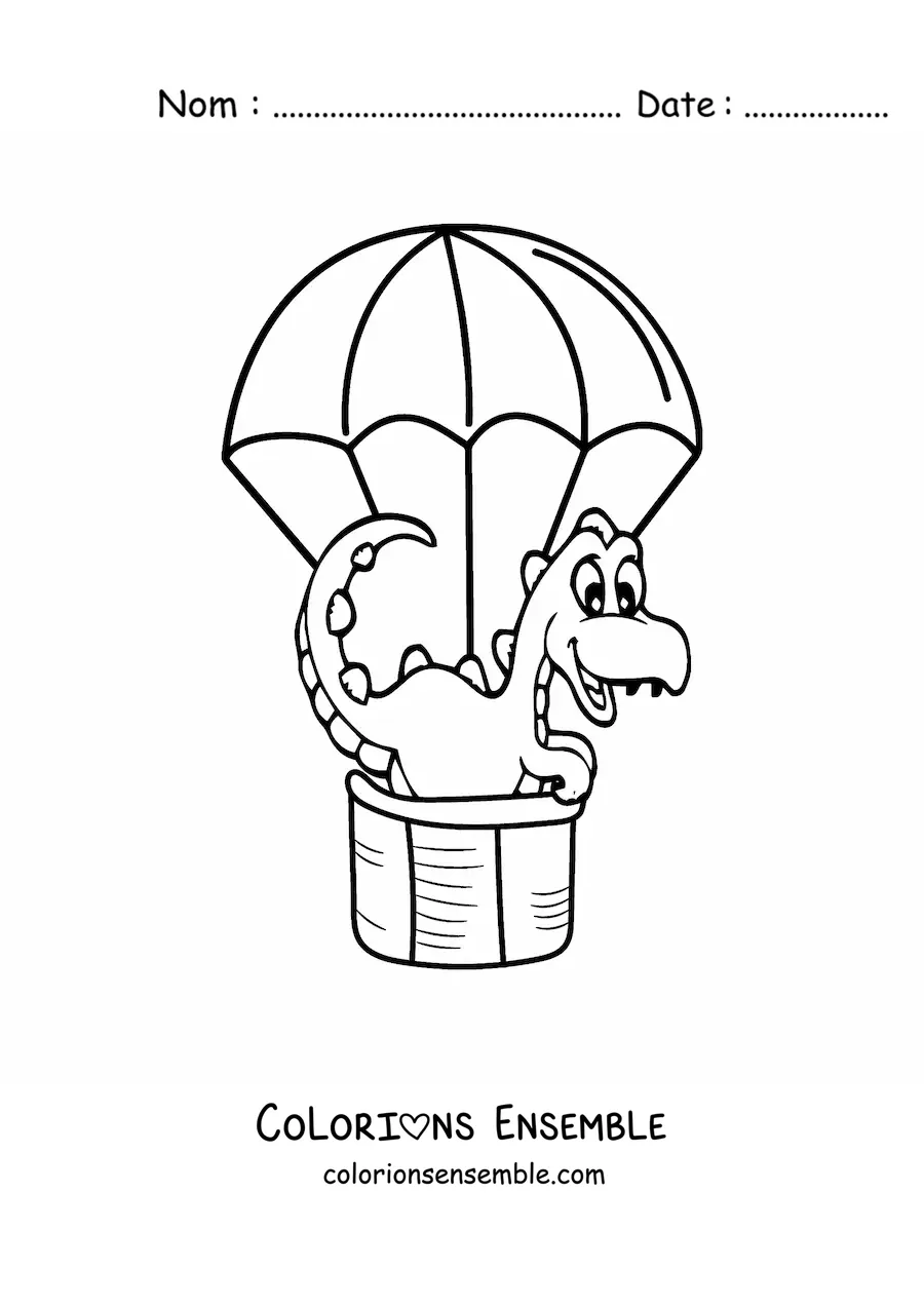 Image à colorier d'un bébé dinosaure kawaii dans une montgolfière