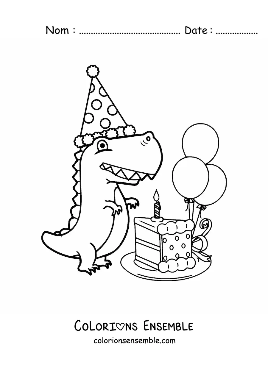 Image à colorier d'un bébé dinosaure tyrannosaure avec un gâteau d'anniversaire