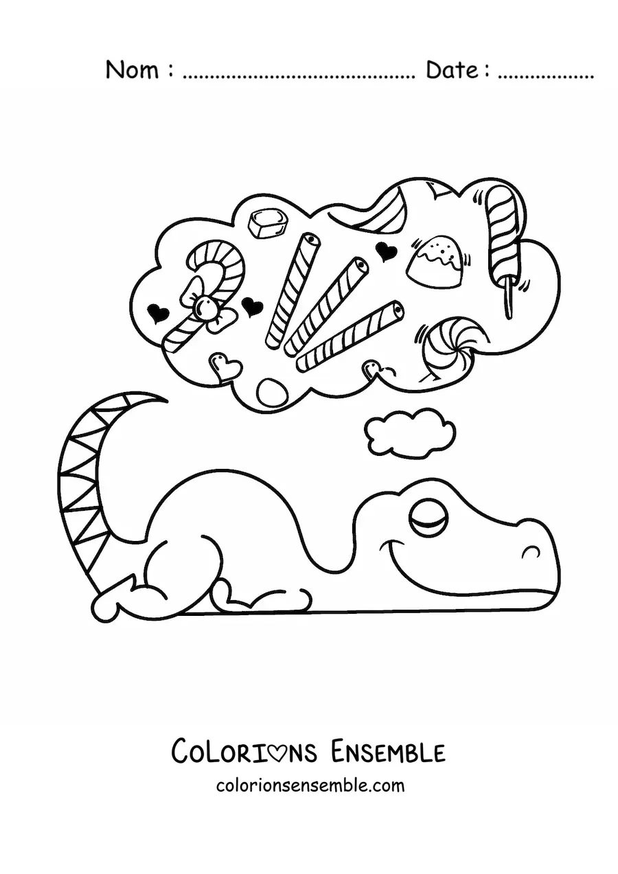Image à colorier d'un bébé dinosaure en dessin animé endormi en train de rêver de bonbons