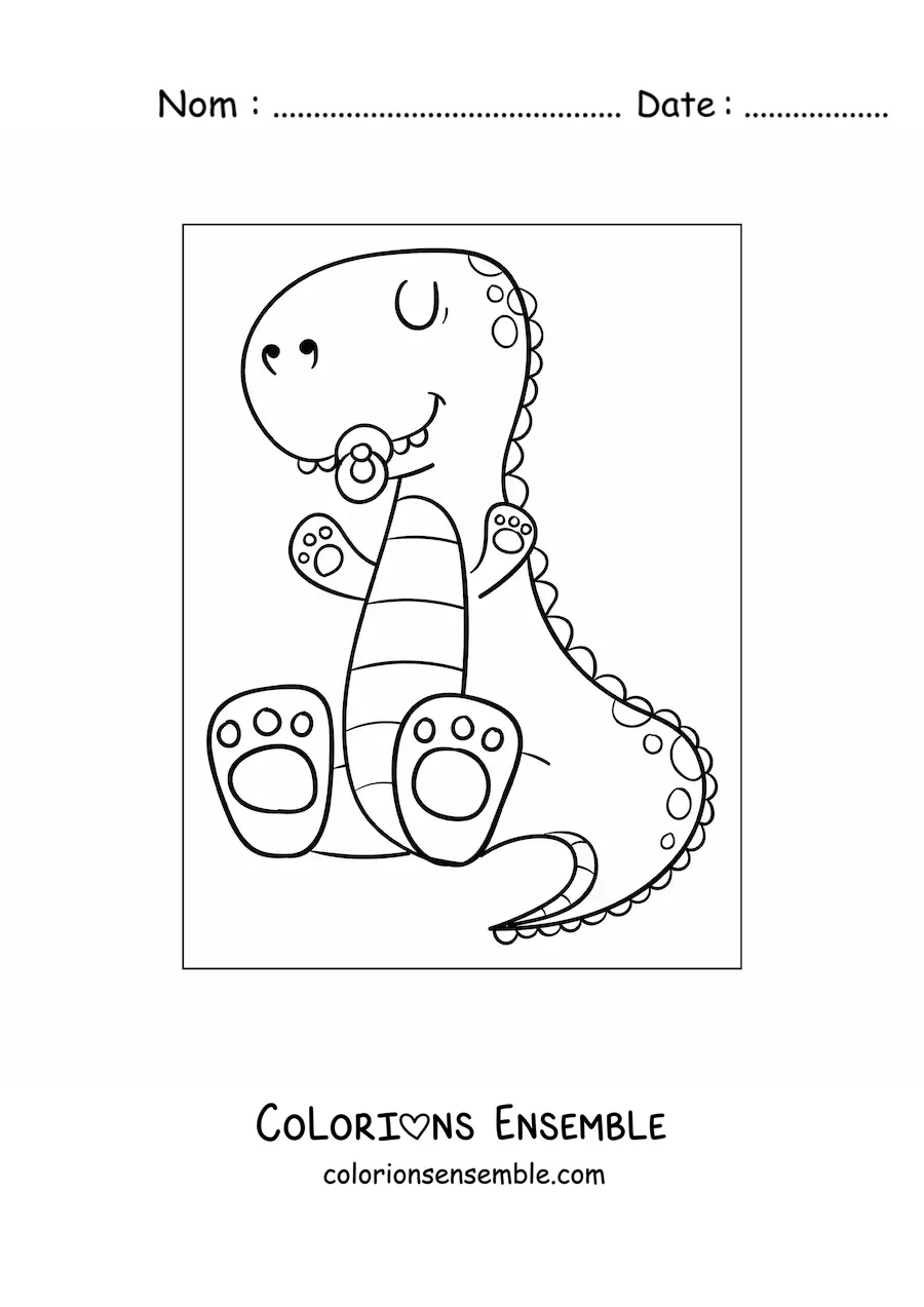 Image à colorier d’un tendre bébé dinosaure assis avec une tétine