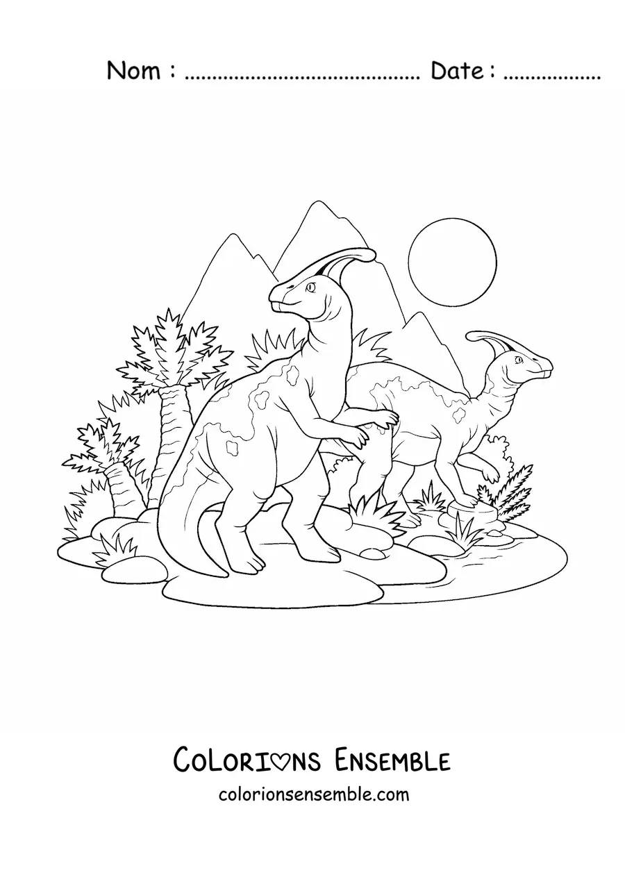 Image à colorier de dinosaures herbivores réunis dans leur habitat