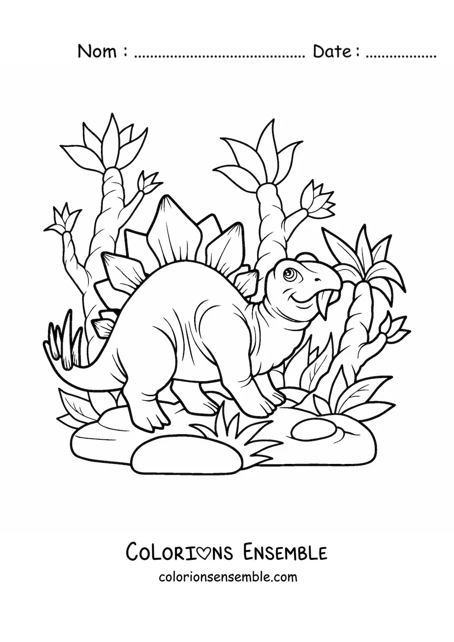 Image à colorier d’un stégosaure herbivore en dessin animé