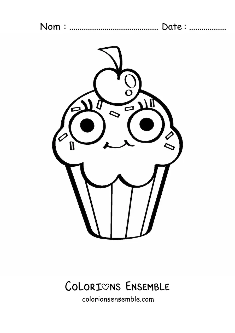 Image à colorier d'un cupcake animé avec une cerise