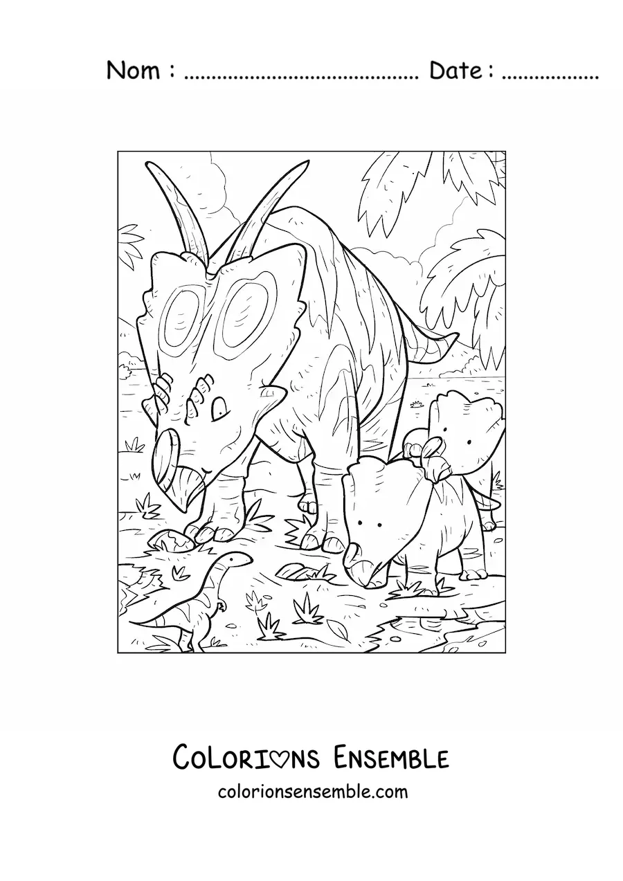 Image à colorier d’un Pachyrhinosaurus herbivore en dessin animé avec ses petits
