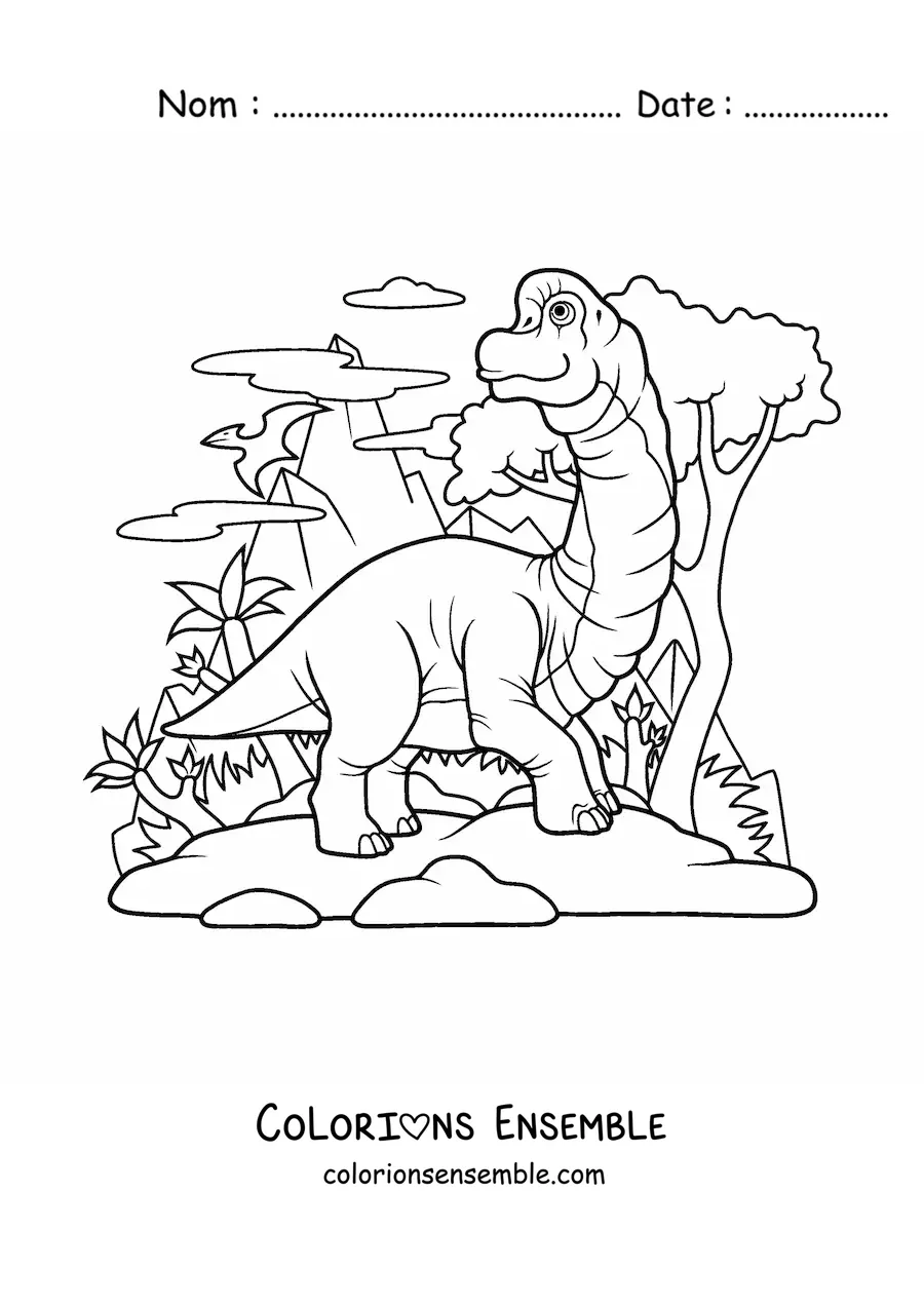Image à colorier d’un Brachiosaurus herbivore en dessin animé dans son habitat