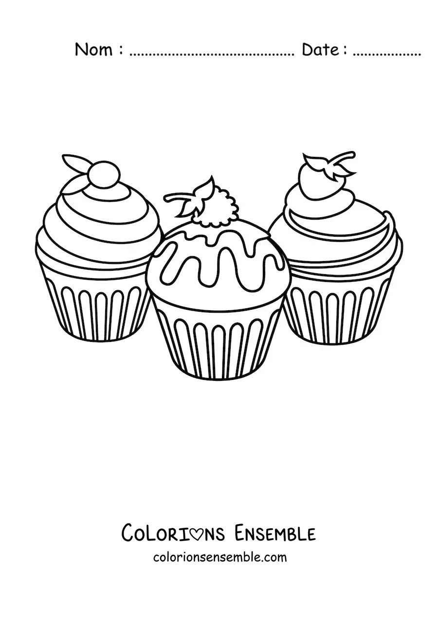 Image à colorier de trois cupcakes avec du glaçage et des fruits dessus