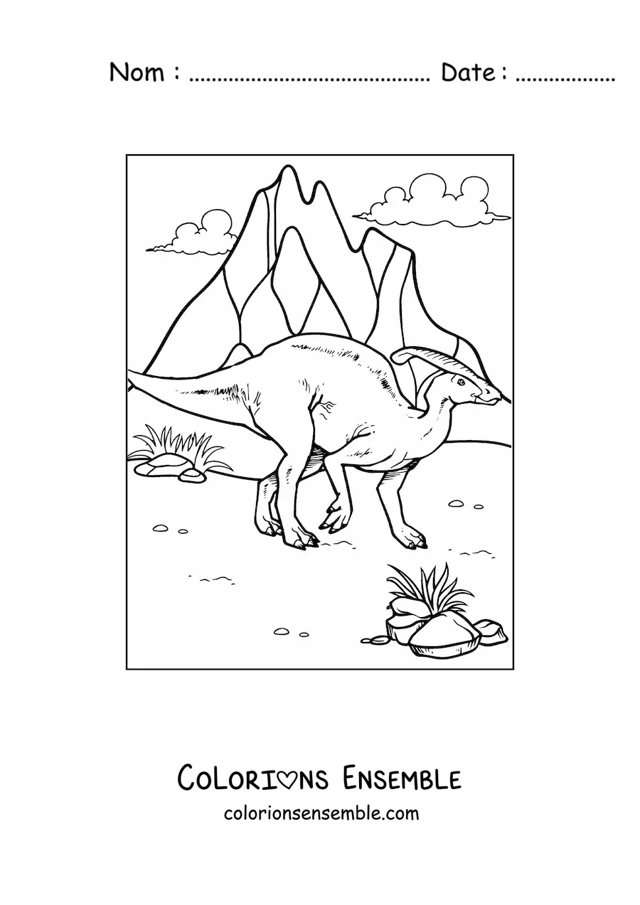 Image à colorier d’un dinosaure Parasaurolophus herbivore en dessin animé
