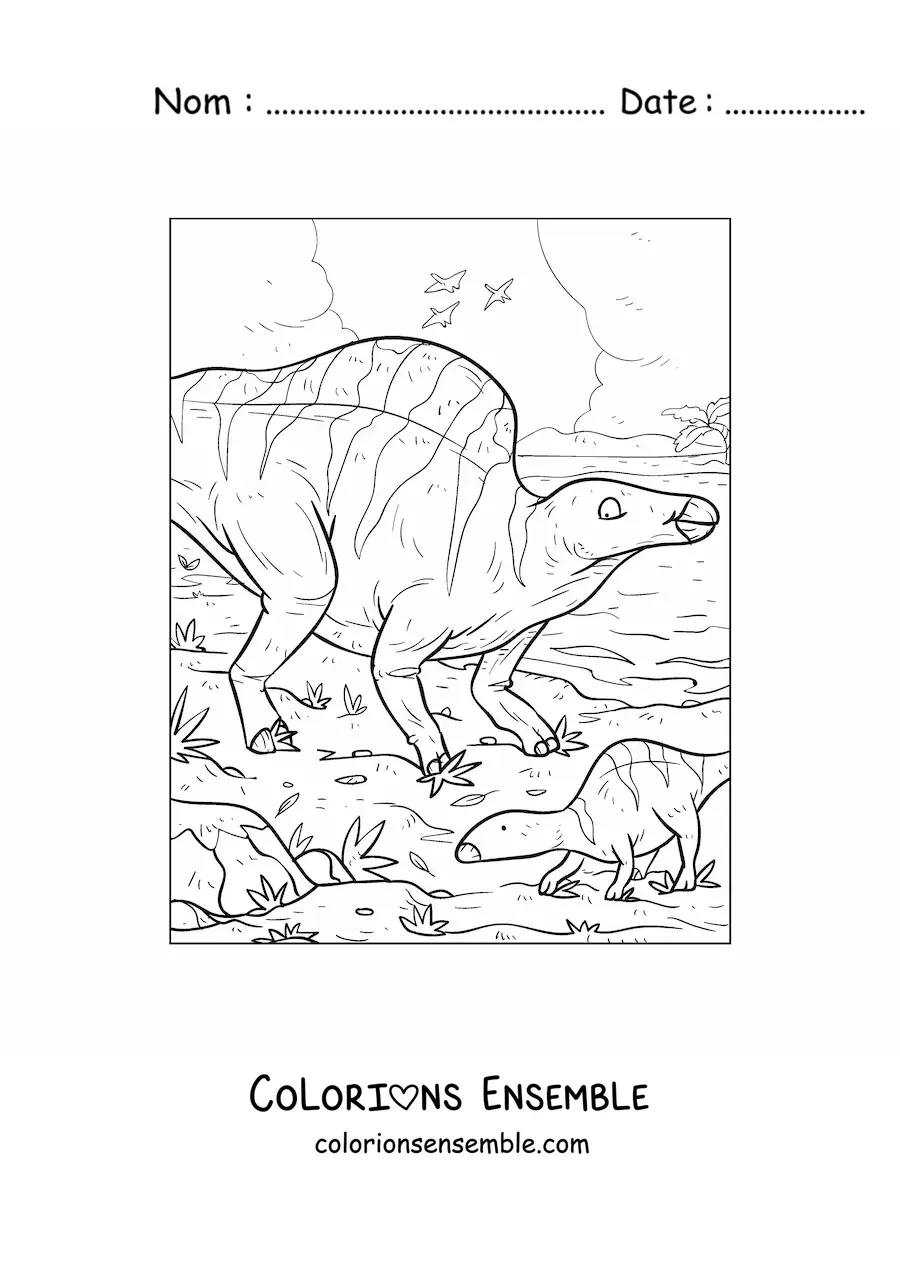 Image à colorier d’un dinosaure Morelladon herbivore en dessin animé avec ses petits