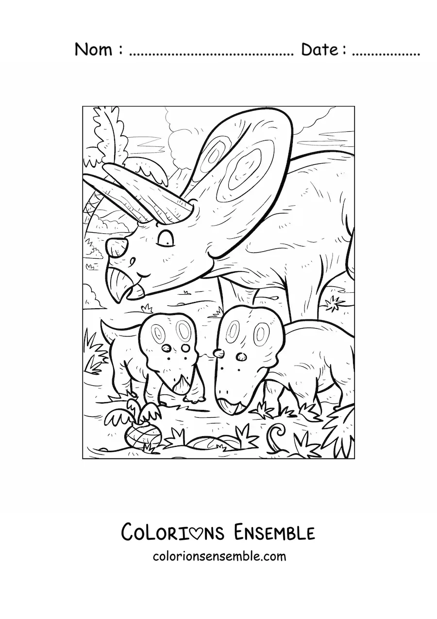 Image à colorier d’un Torosaurus herbivore en dessin animé avec ses petits