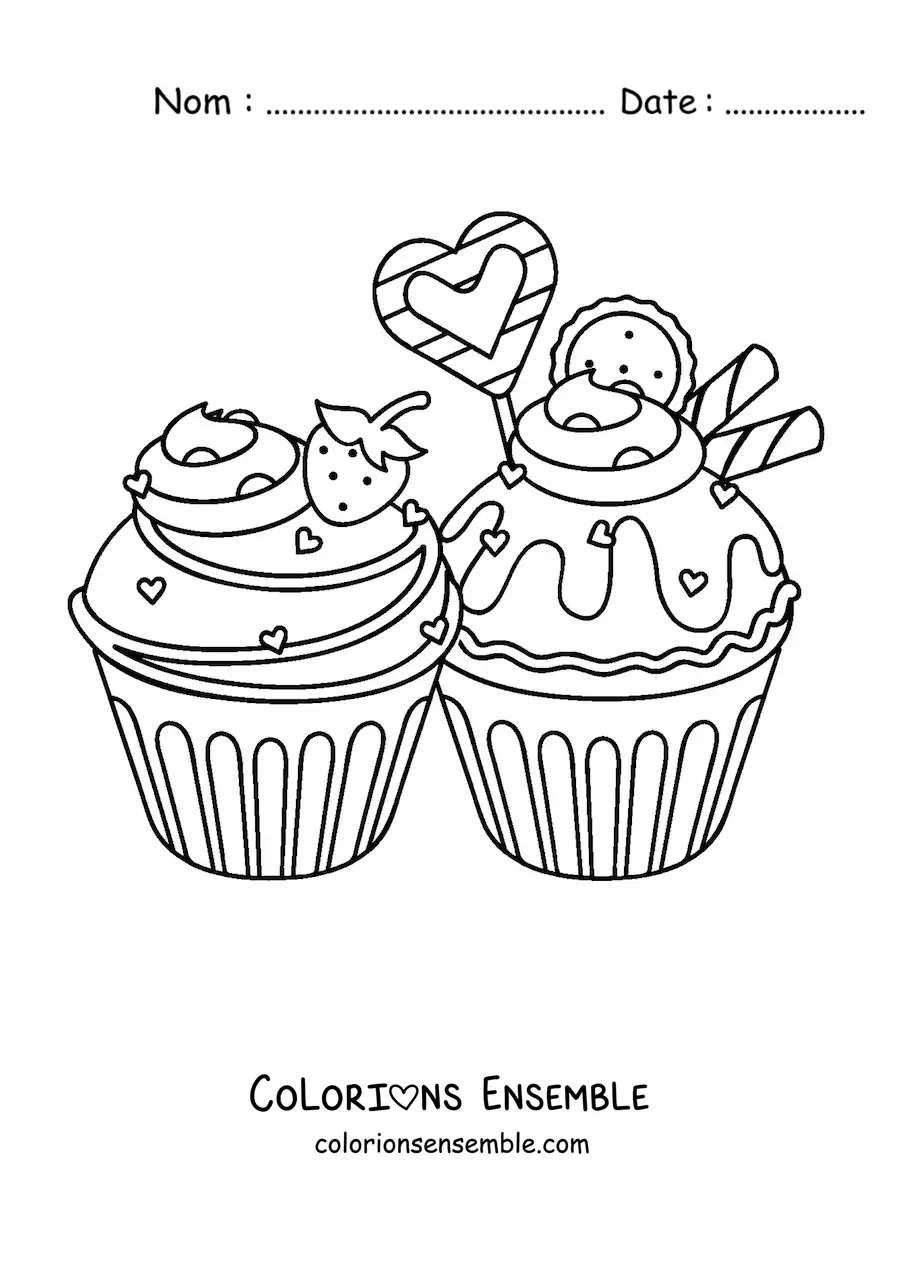 Image à colorier de deux cupcakes avec des cœurs et une fraise