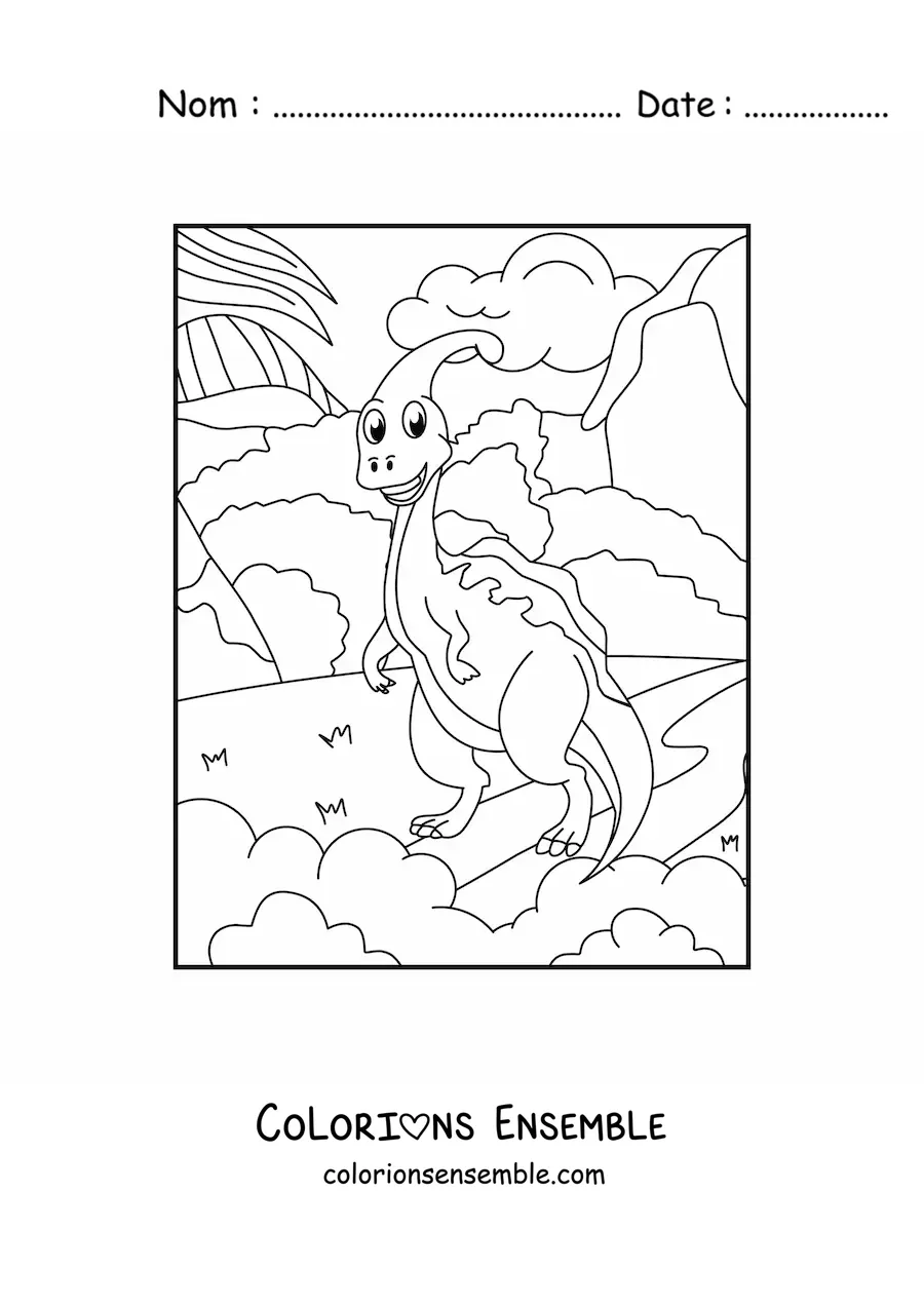 Image à colorier d’un petit dinosaure herbivore en dessin animé dans son habitat