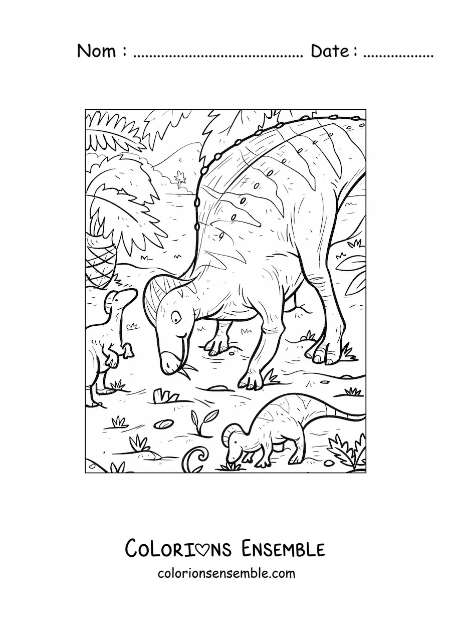 Image à colorier d’un dinosaure herbivore avec ses bébés